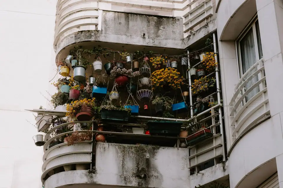 Apartment balcony seen from below, packed with potted flowers and plants