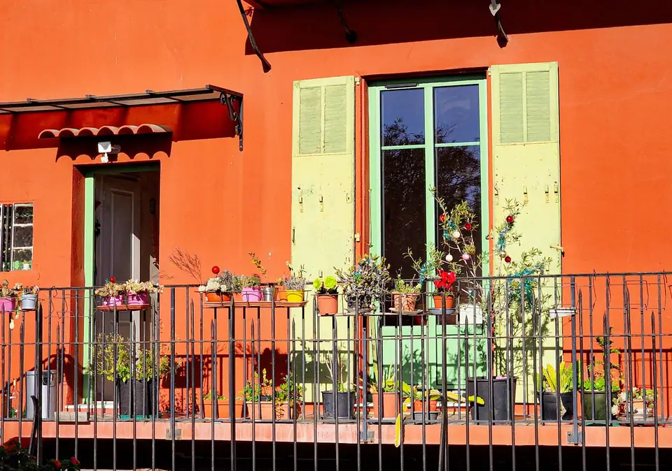Small balcony with potted plants along its railing in front of an orange building